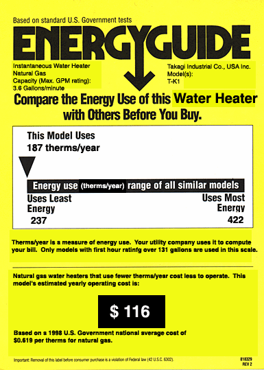 Energy Guide label of T-k1 (Takagi) tankless water heater.  Natural gas model.