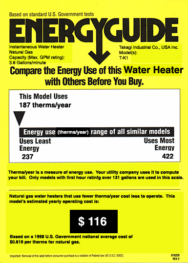 Energy Guide label of T-k1 (Takagi) tankless water heater. Natural gas model.