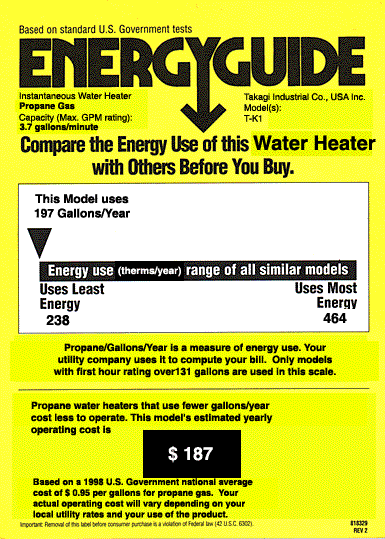 Energy Guide label for T-K1 (Takagi) tankless water heater.  Propane model.