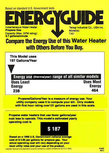 Energy Guide label for T-K1 (Takagi) tankless water heater. Propane model.